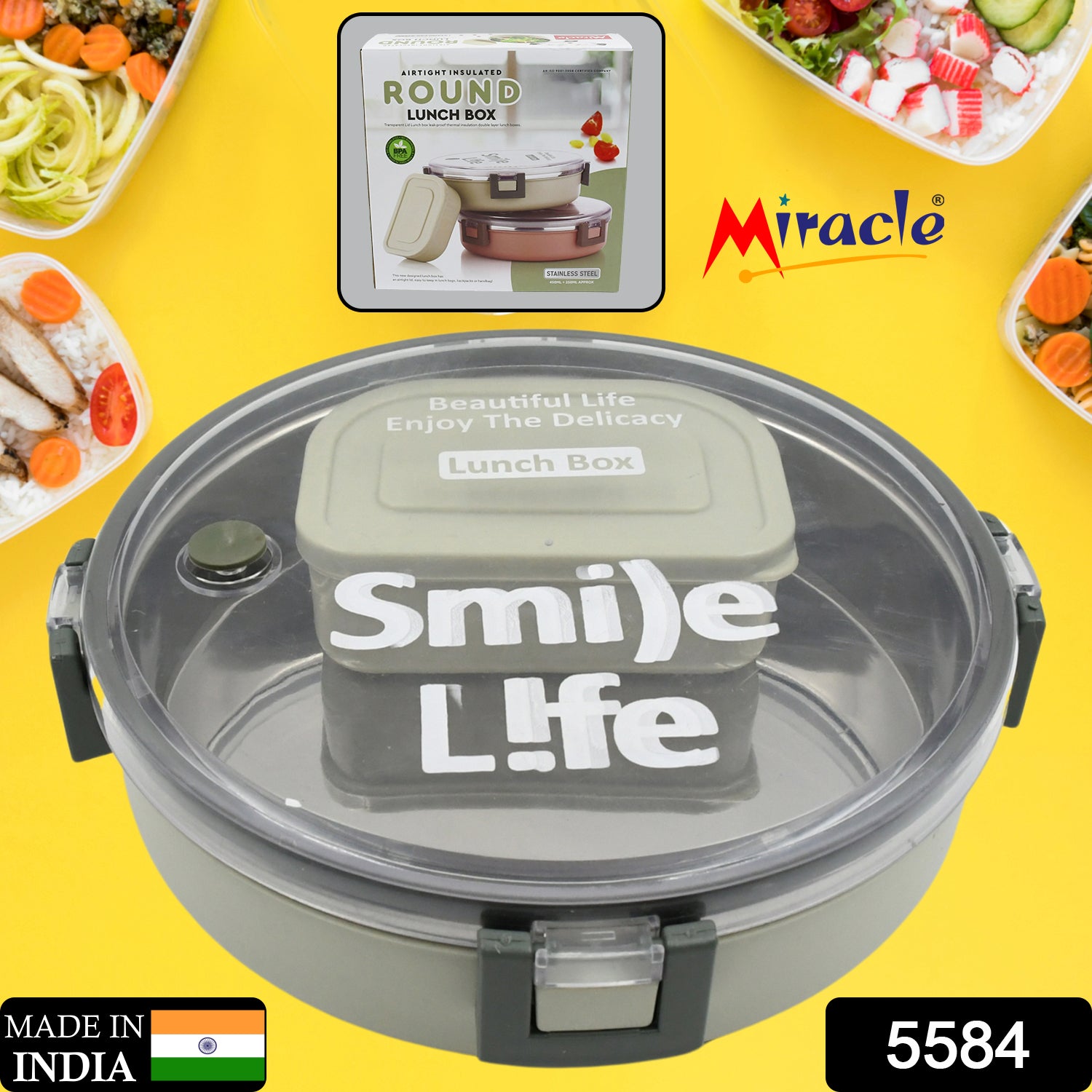 5584 Miracle Stainless Steel Round Lunch Box With Small Plastic Box Insert Leak Proof Lunch Box With Transparent Lid Lunch Box For Kids  Adults For School Office (450 Ml + 250 Ml Approx) 5584 Miracle Stainless Steel Round Lunch Box With Small Plastic Box Insert Leak Proof Lunch Box With Transparent Lid Lunch Box For Kids  Adults For School Office (450 Ml + 250 Ml Approx)